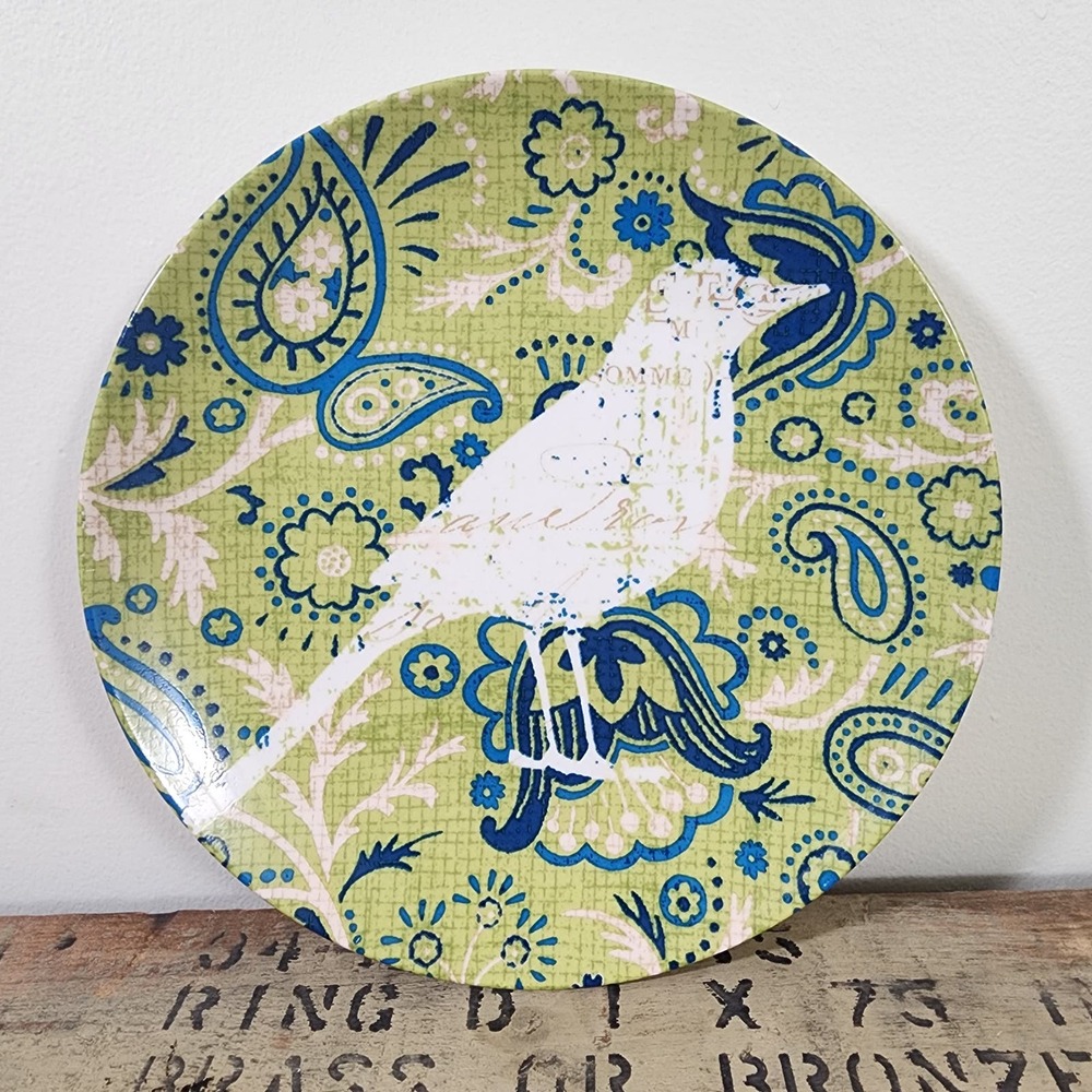 Pier 1 porcelain green and blue Paisley bird print‎ 8" salad / dessert plate